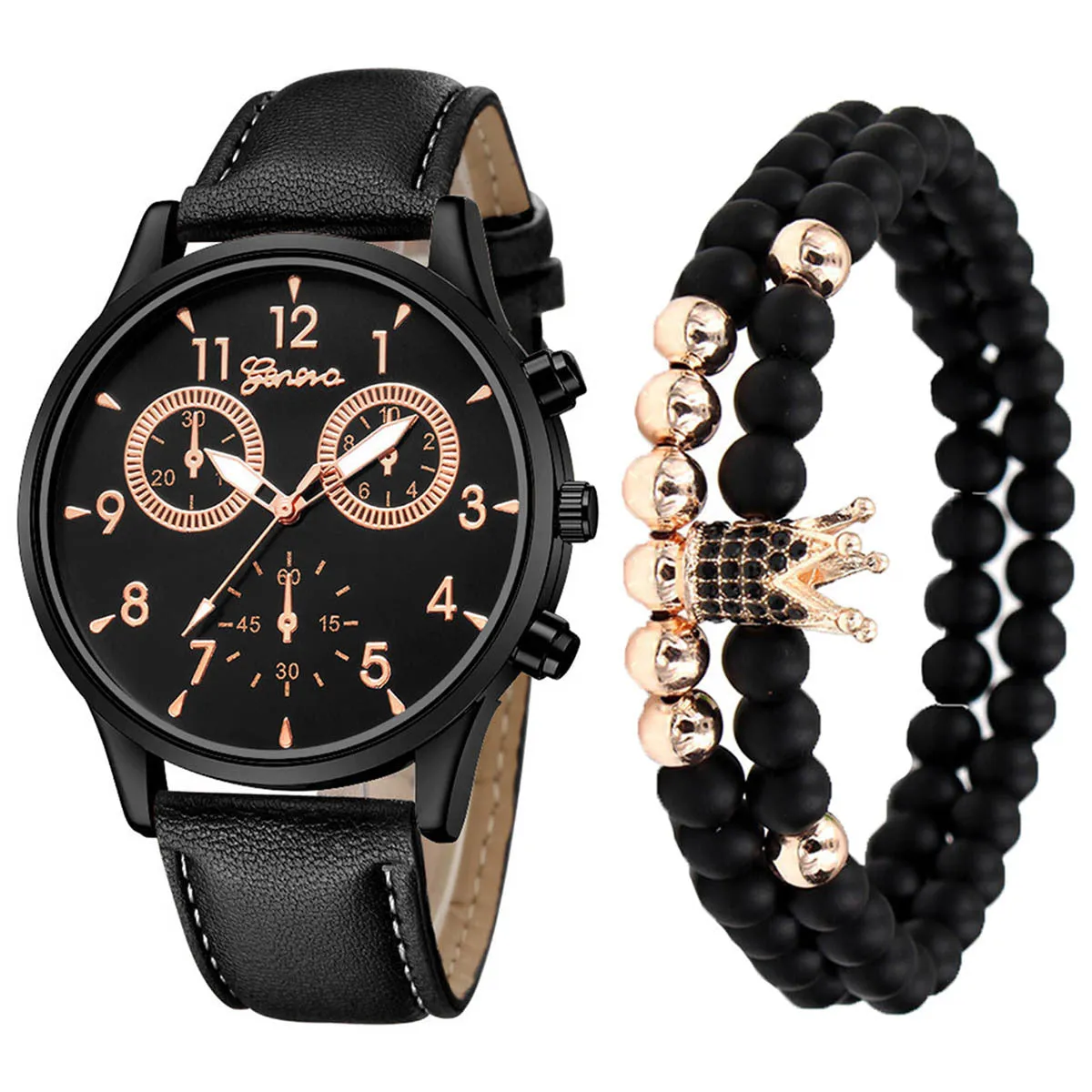 3pcs/Set Men's Fashion Creative Fake Three-Eye Belt Quartz Watch Bracelet Set Wrist Watch