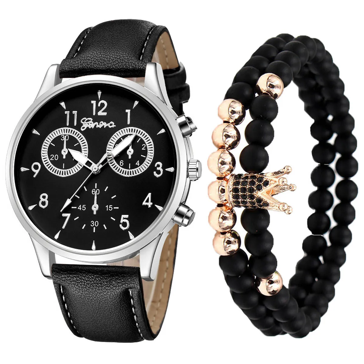 3pcs/Set Men's Fashion Creative Fake Three-Eye Belt Quartz Watch Bracelet Set Wrist Watch