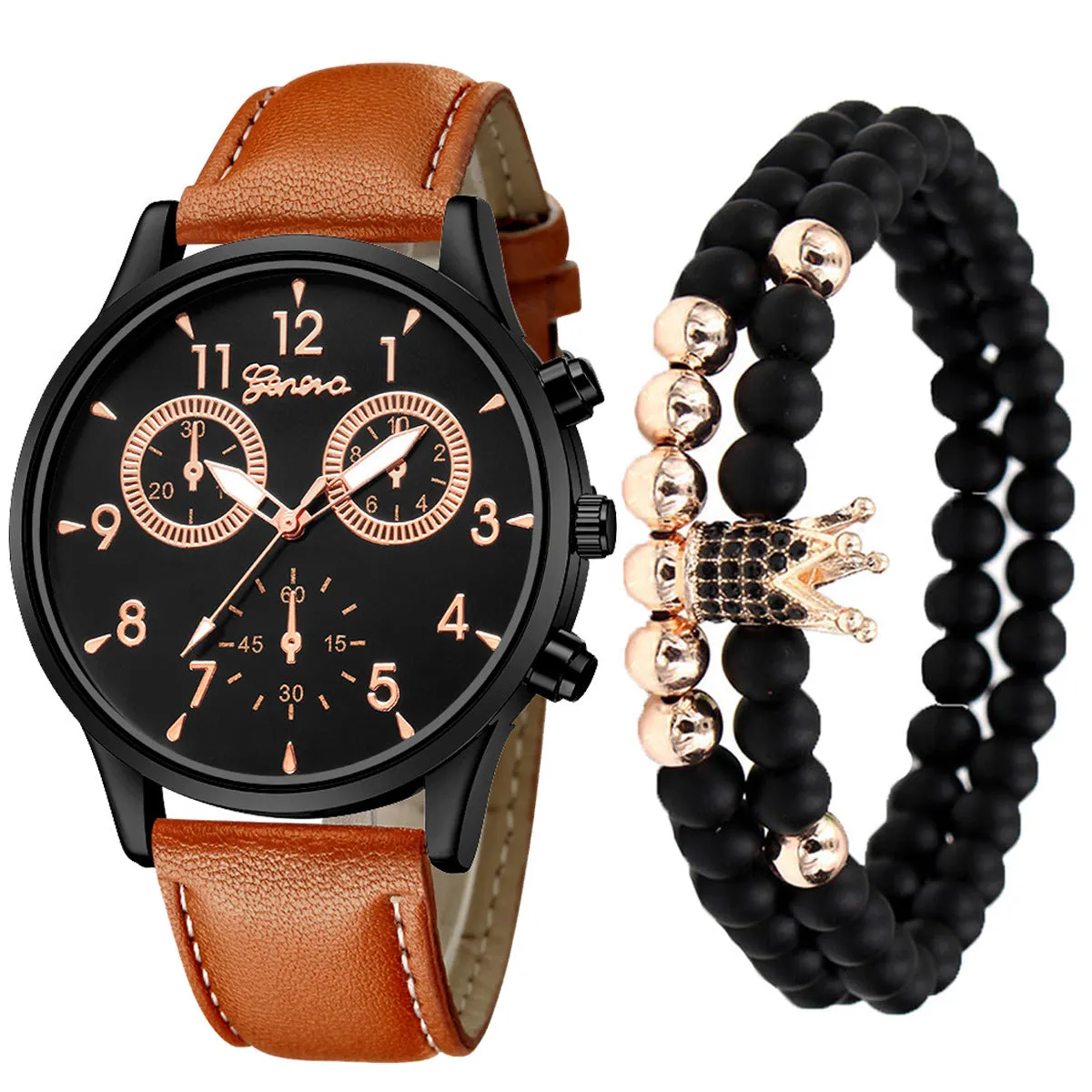 3pcs/Set Men's Fashion Creative Fake Three-Eye Belt Quartz Watch Bracelet Set Wrist Watch