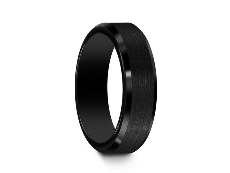 6MM Brushed BLACK Tungsten Wedding Band BEVELED EDGES