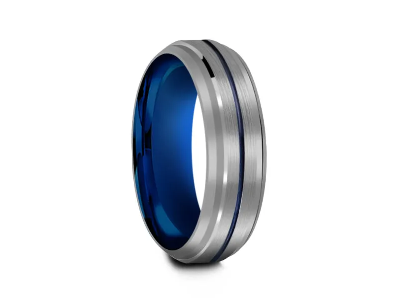 6MM GRAY TUNGSTEN WEDDING BAND BLUE CENTER AND BLUE INTERIOR