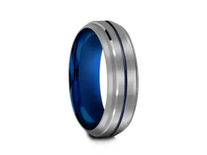 6MM GRAY TUNGSTEN WEDDING BAND BLUE CENTER AND BLUE INTERIOR