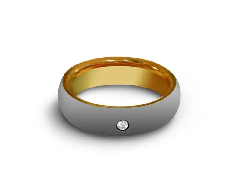 6MM High Polish GRAY Tungsten Wedding Band CENTER CZ AND YELLOW INTERIOR