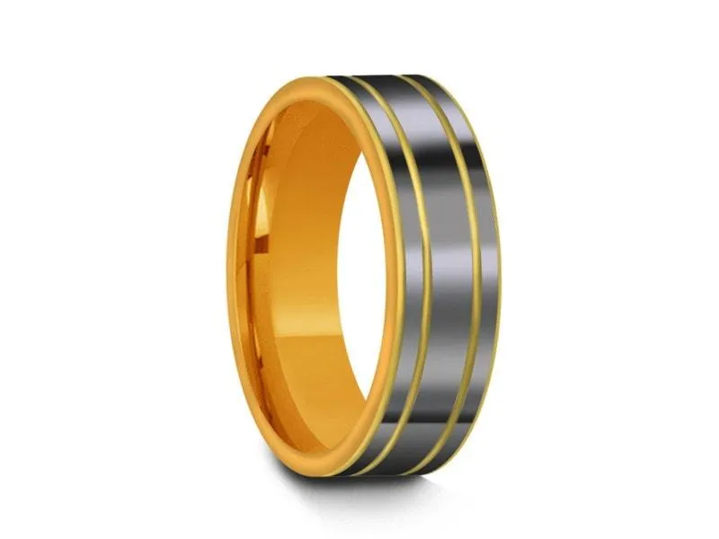 6MM High Polish GRAY Tungsten Wedding Band FLAT AND YELLOW INTERIOR