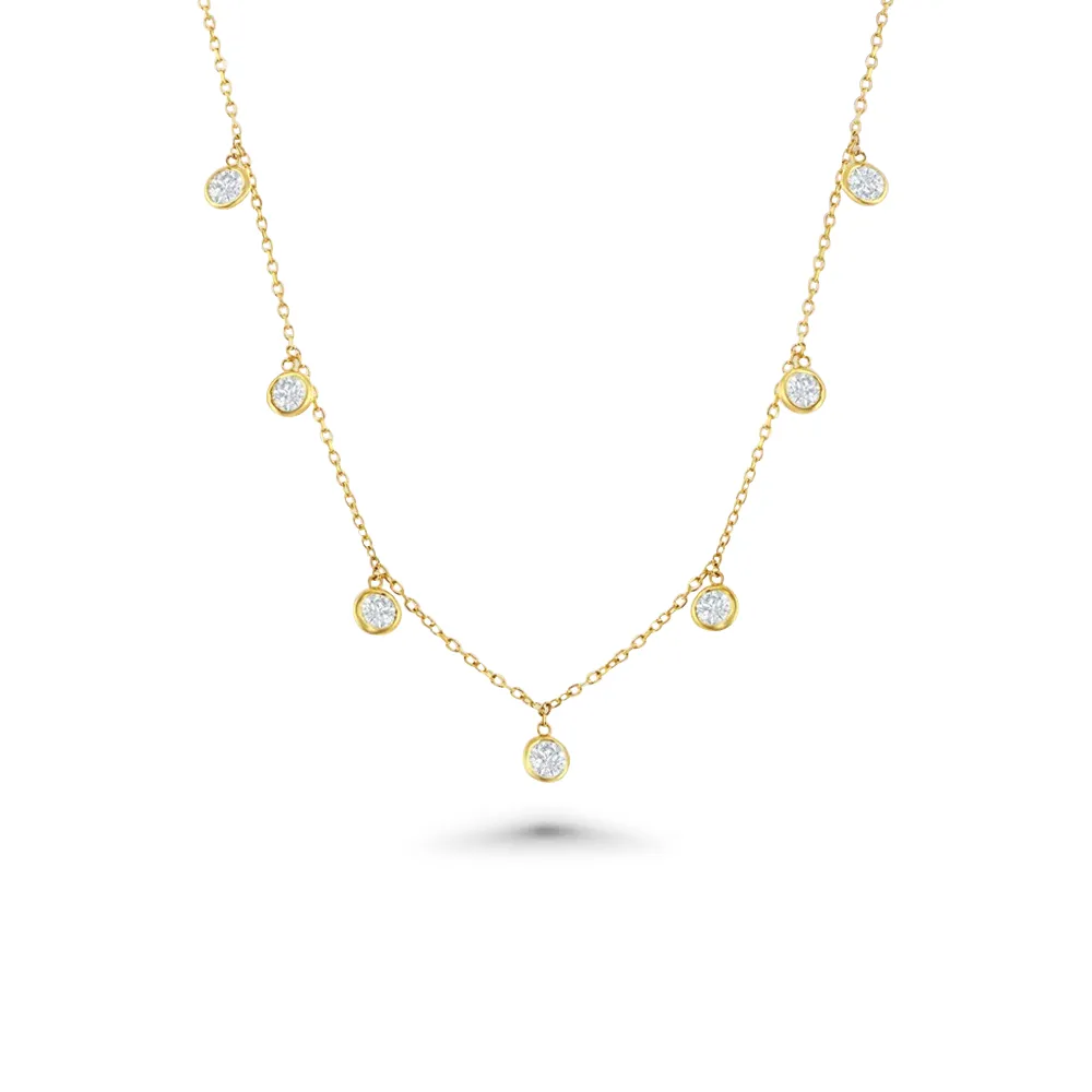 7 Stone Diamond Dangle Necklace, Bezel Set Diamond Station Necklace (1.50 ct.) in 14K Gold Chain