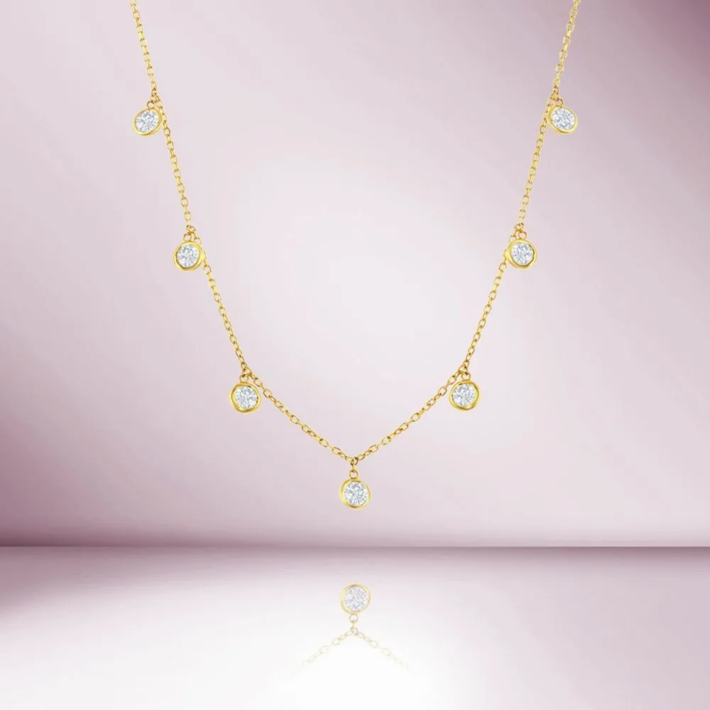 7 Stone Diamond Dangle Necklace, Bezel Set Diamond Station Necklace (1.50 ct.) in 14K Gold Chain