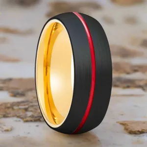 ACROBA | Gold Ring, Black Tungsten Ring, Red Groove, Domed