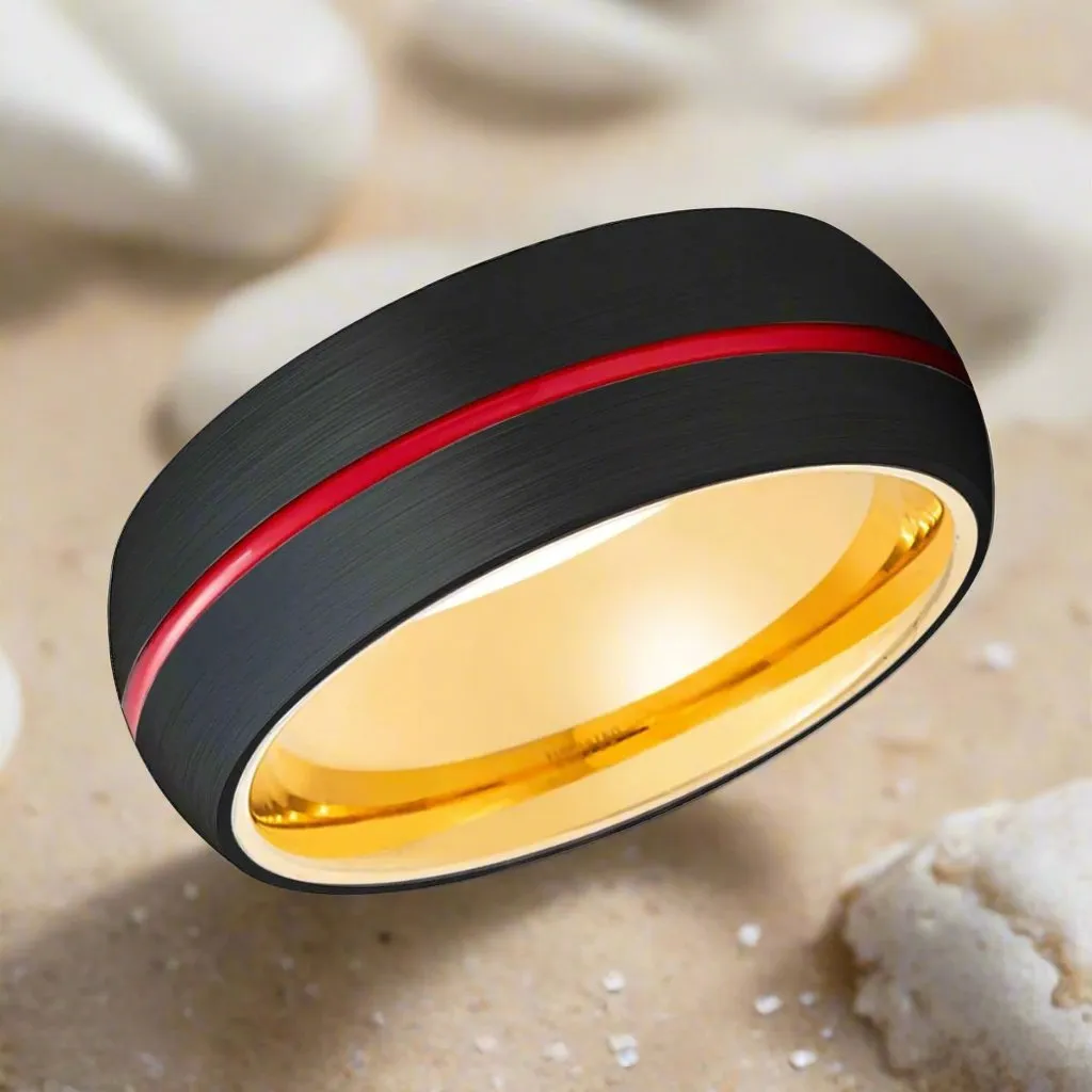 ACROBA | Gold Ring, Black Tungsten Ring, Red Groove, Domed