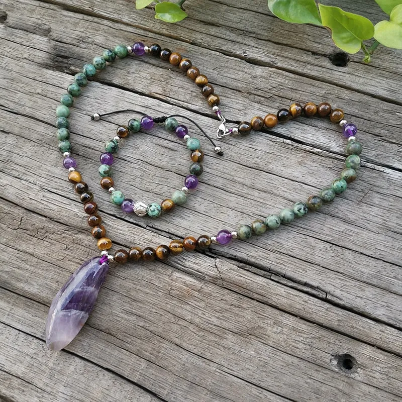 Amethyst & African Turquoise Bracelet/Necklace/Mala Set