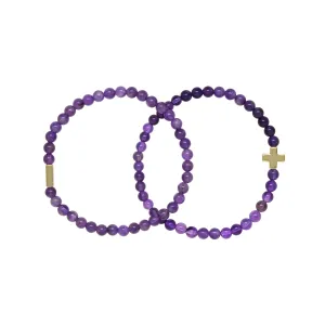 Amethyst & Gold Elastic Bracelet Set of 2