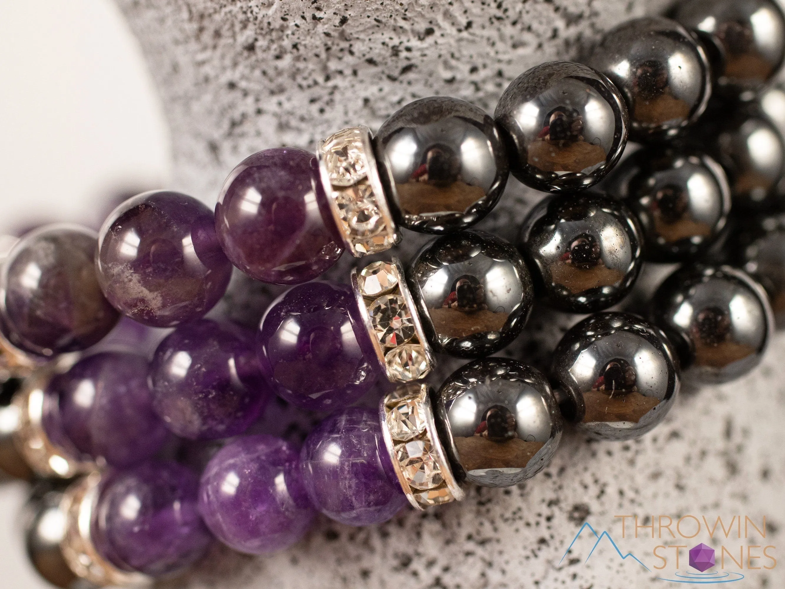 AMETHYST & HEMATITE Crystal Bracelet - Goddess Charm, Round Beads - Charm Bracelet, Beaded Bracelet, Handmade Jewelry, E1975