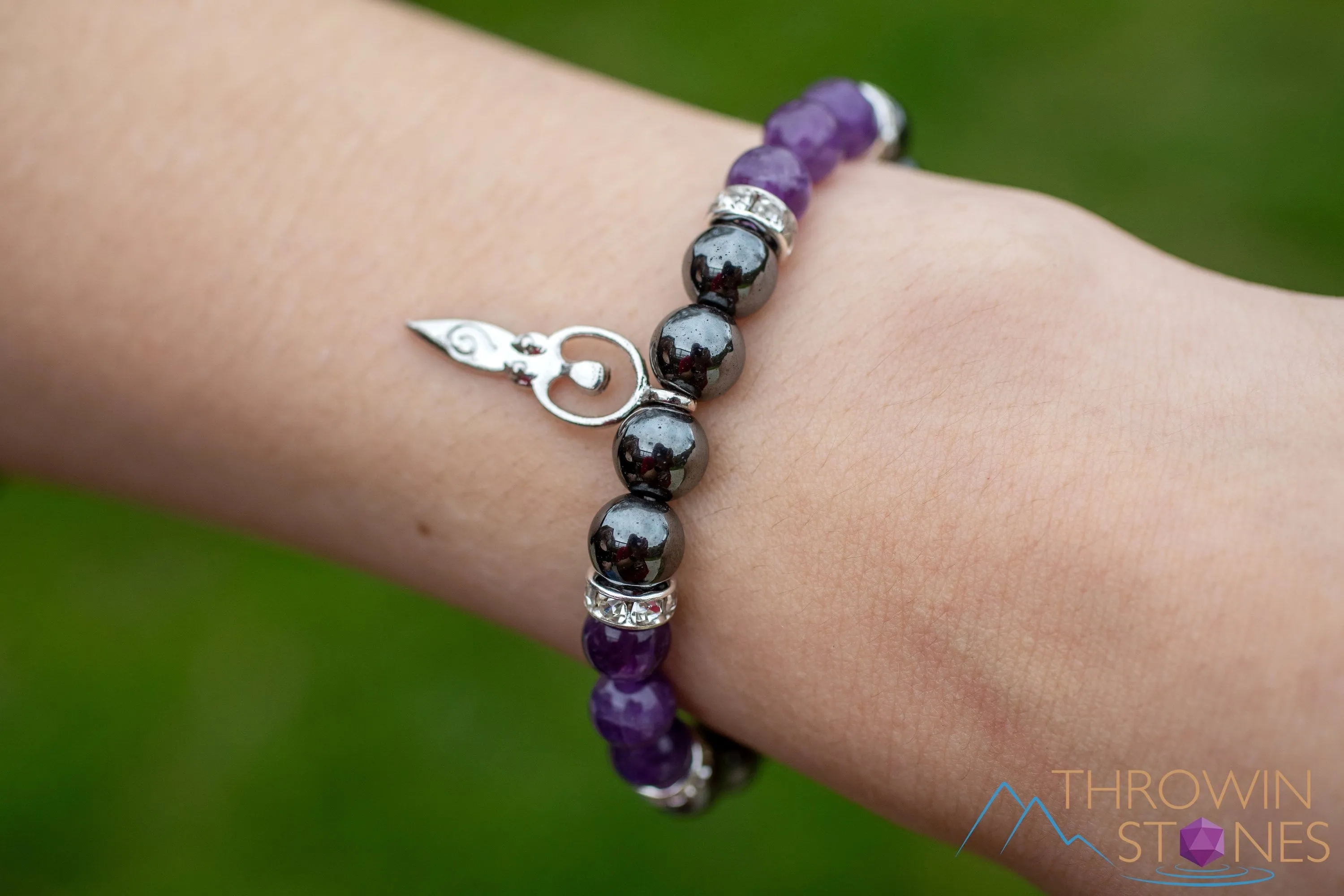 AMETHYST & HEMATITE Crystal Bracelet - Goddess Charm, Round Beads - Charm Bracelet, Beaded Bracelet, Handmade Jewelry, E1975