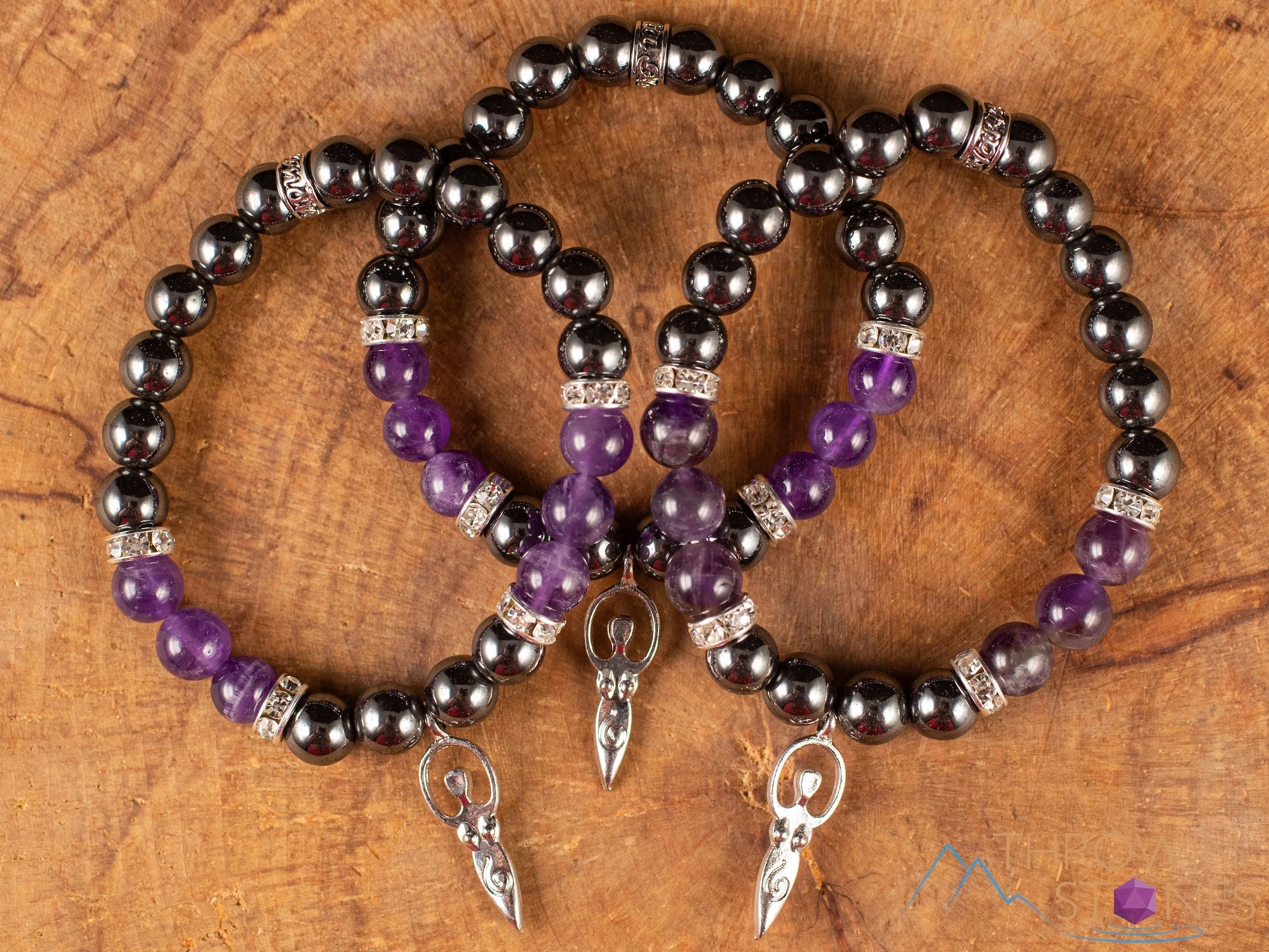 AMETHYST & HEMATITE Crystal Bracelet - Goddess Charm, Round Beads - Charm Bracelet, Beaded Bracelet, Handmade Jewelry, E1975