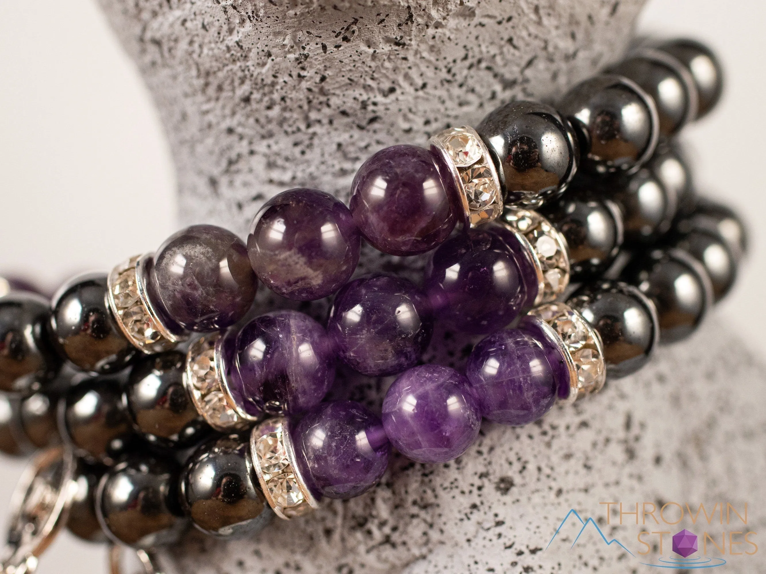 AMETHYST & HEMATITE Crystal Bracelet - Goddess Charm, Round Beads - Charm Bracelet, Beaded Bracelet, Handmade Jewelry, E1975