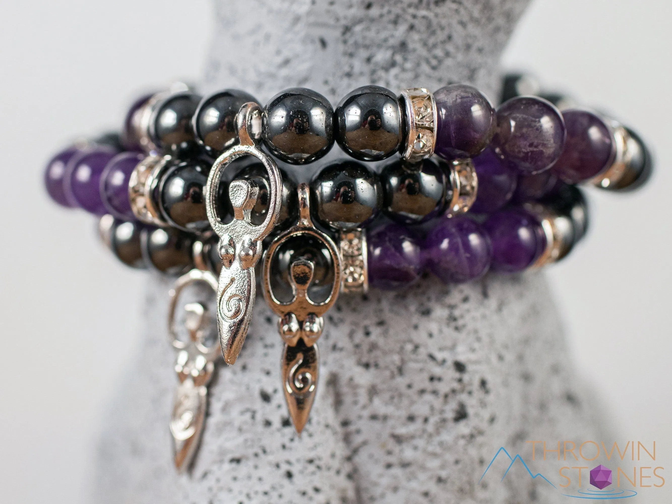 AMETHYST & HEMATITE Crystal Bracelet - Goddess Charm, Round Beads - Charm Bracelet, Beaded Bracelet, Handmade Jewelry, E1975