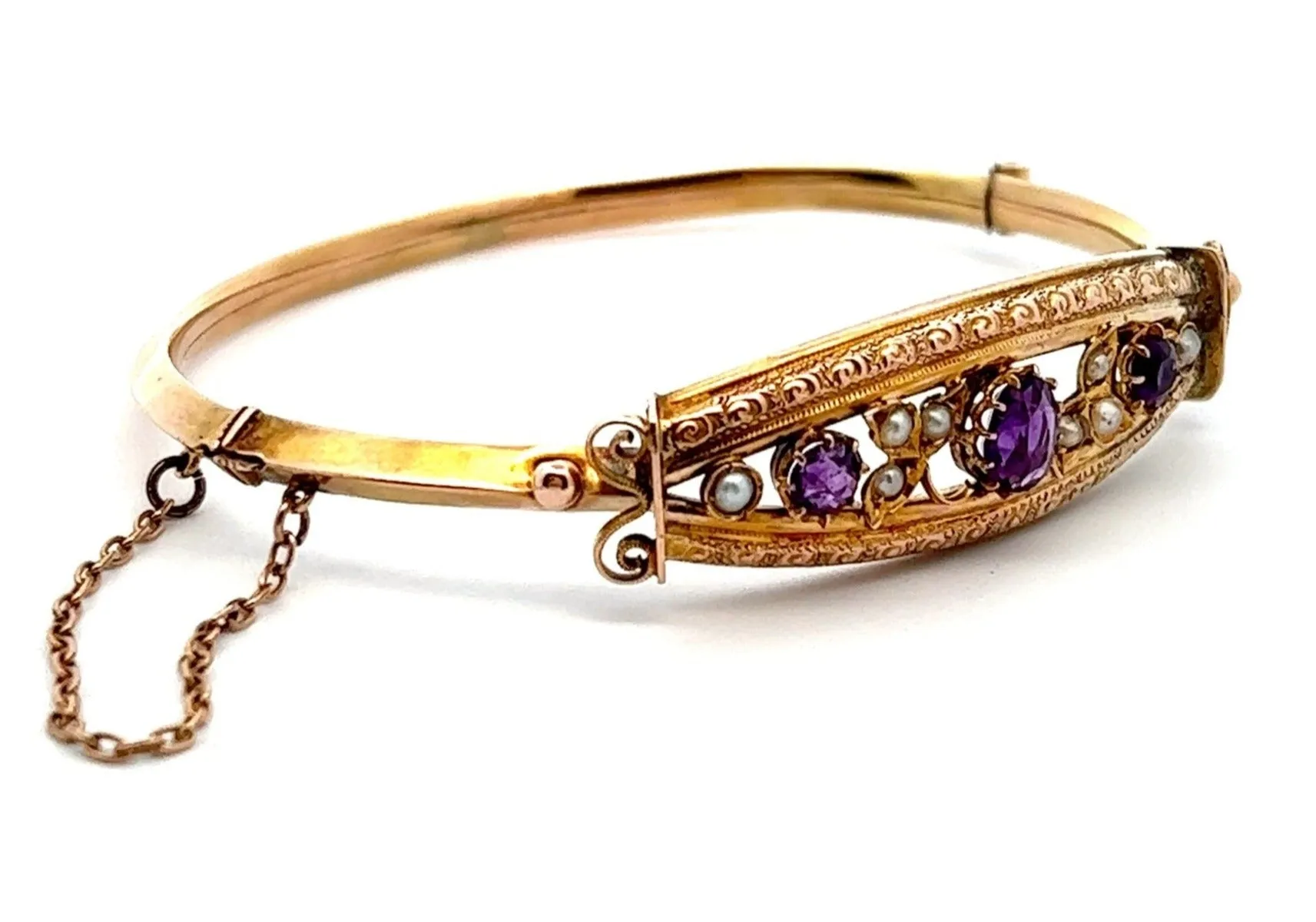 Amethyst & Pearl 9ct Yellow Gold Hinged Vintage Bangle