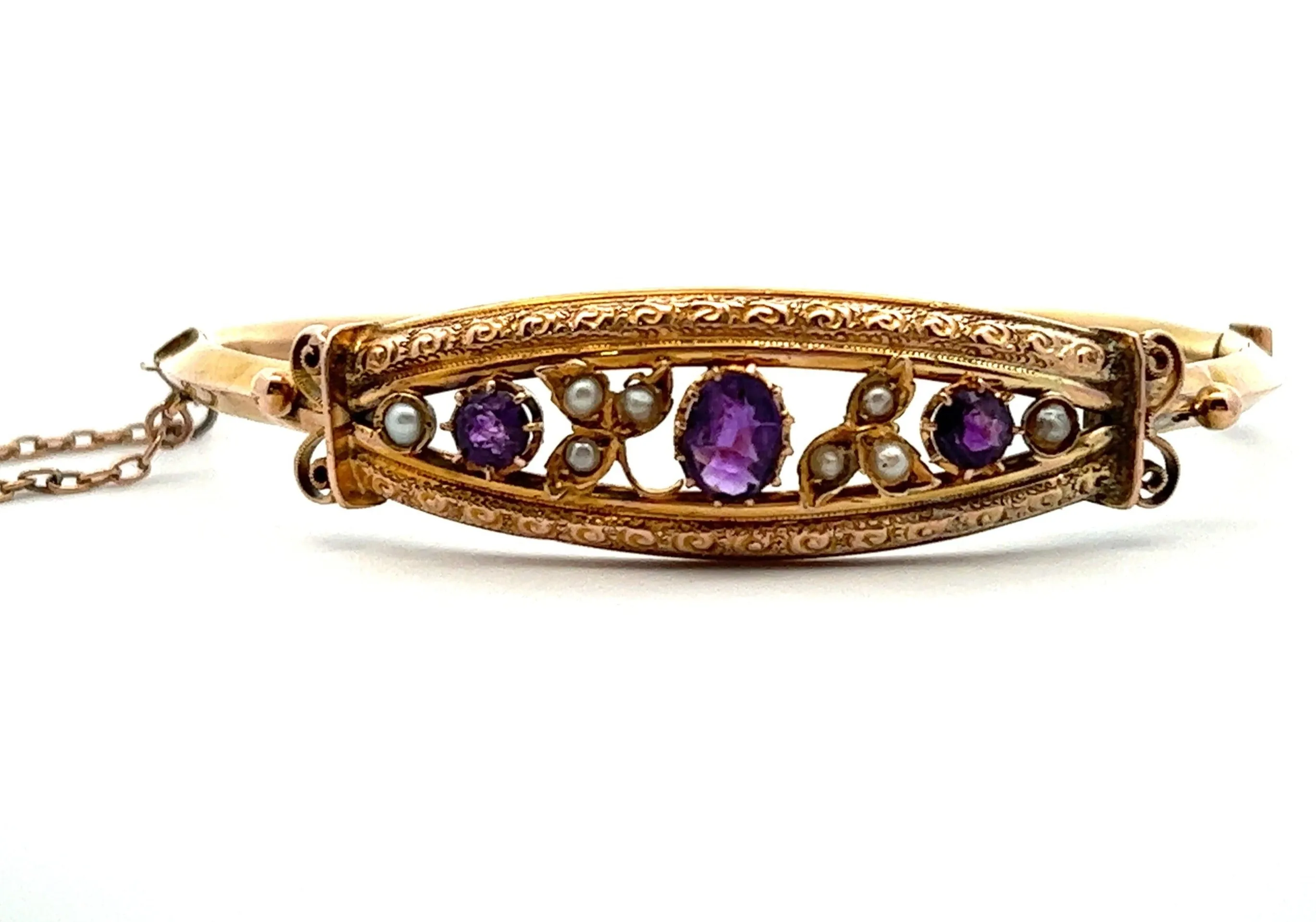 Amethyst & Pearl 9ct Yellow Gold Hinged Vintage Bangle