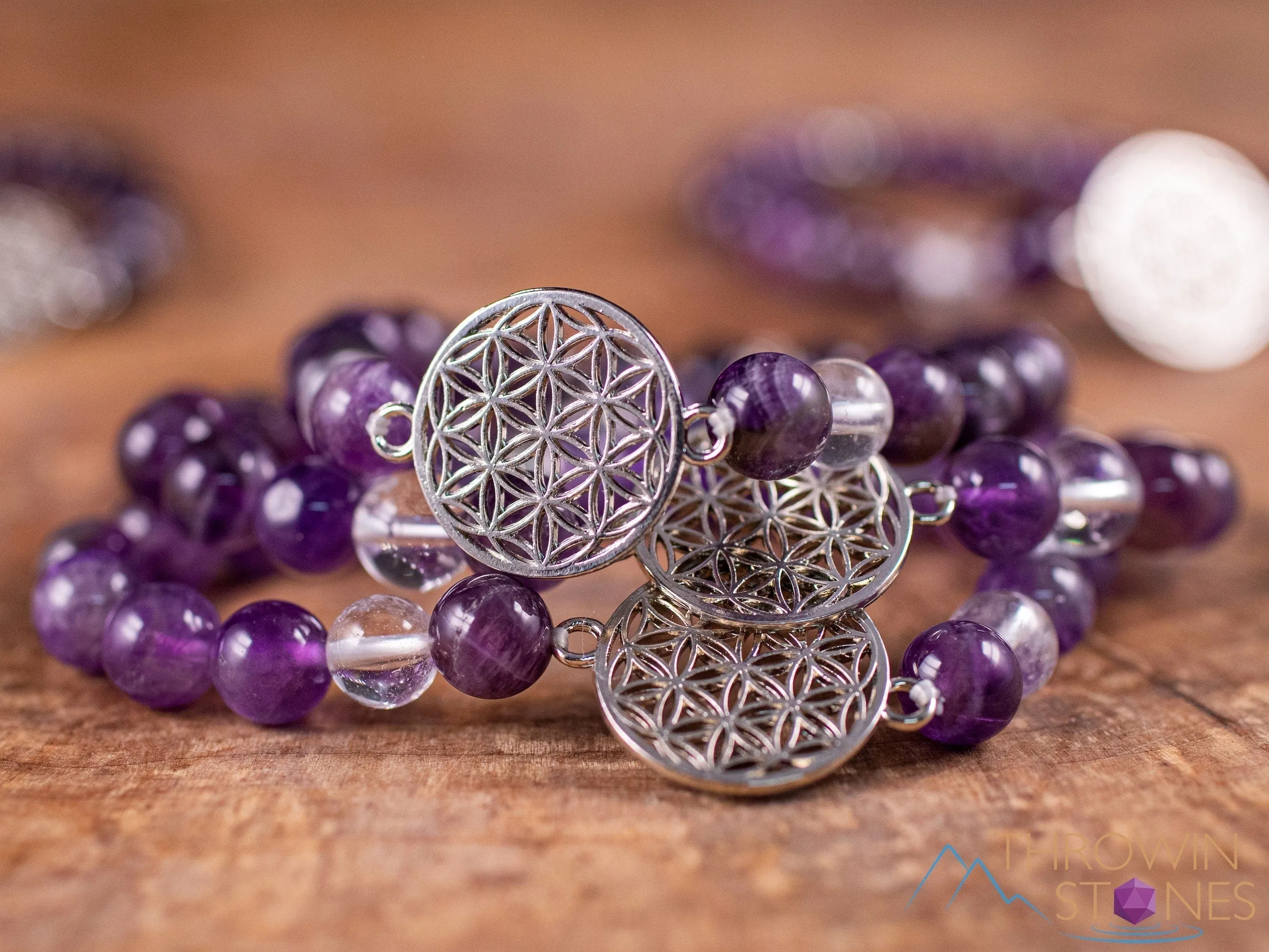 AMETHYST Crystal Bracelet - Flower of Life, Clear QUARTZ, Round Beads - Charm Bracelet, Beaded Bracelet, Handmade Jewelry, E1949