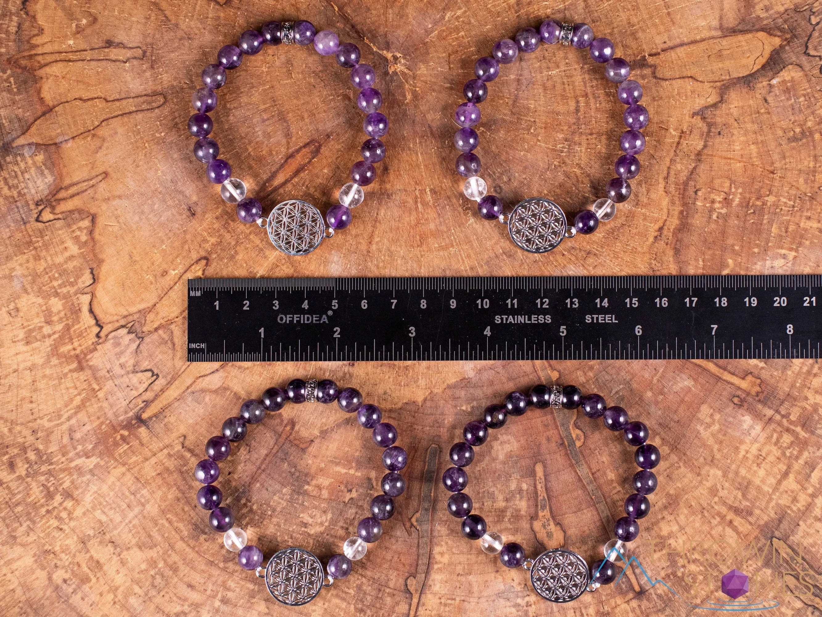 AMETHYST Crystal Bracelet - Flower of Life, Clear QUARTZ, Round Beads - Charm Bracelet, Beaded Bracelet, Handmade Jewelry, E1949