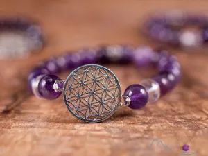 AMETHYST Crystal Bracelet - Flower of Life, Clear QUARTZ, Round Beads - Charm Bracelet, Beaded Bracelet, Handmade Jewelry, E1949