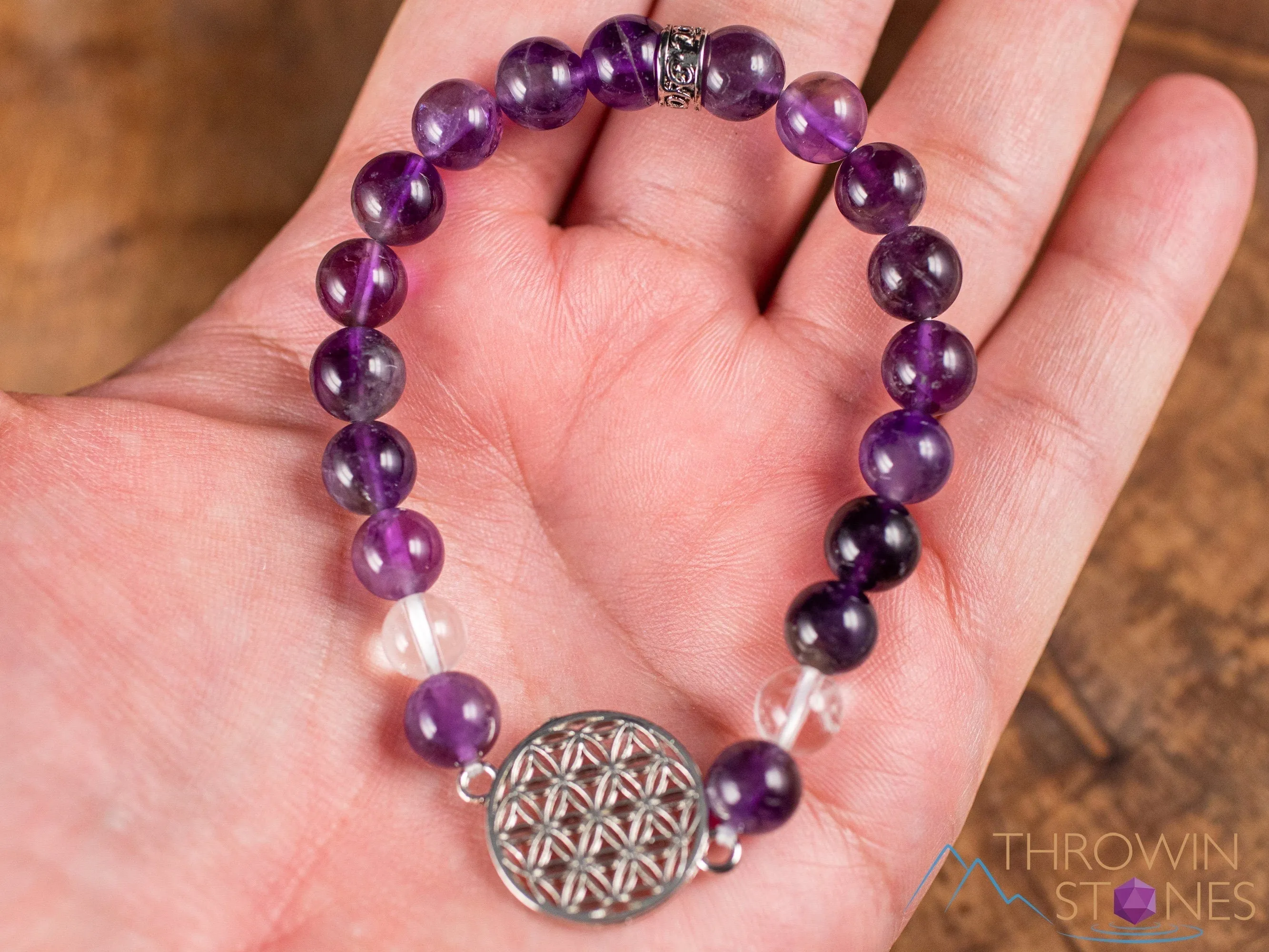 AMETHYST Crystal Bracelet - Flower of Life, Clear QUARTZ, Round Beads - Charm Bracelet, Beaded Bracelet, Handmade Jewelry, E1949