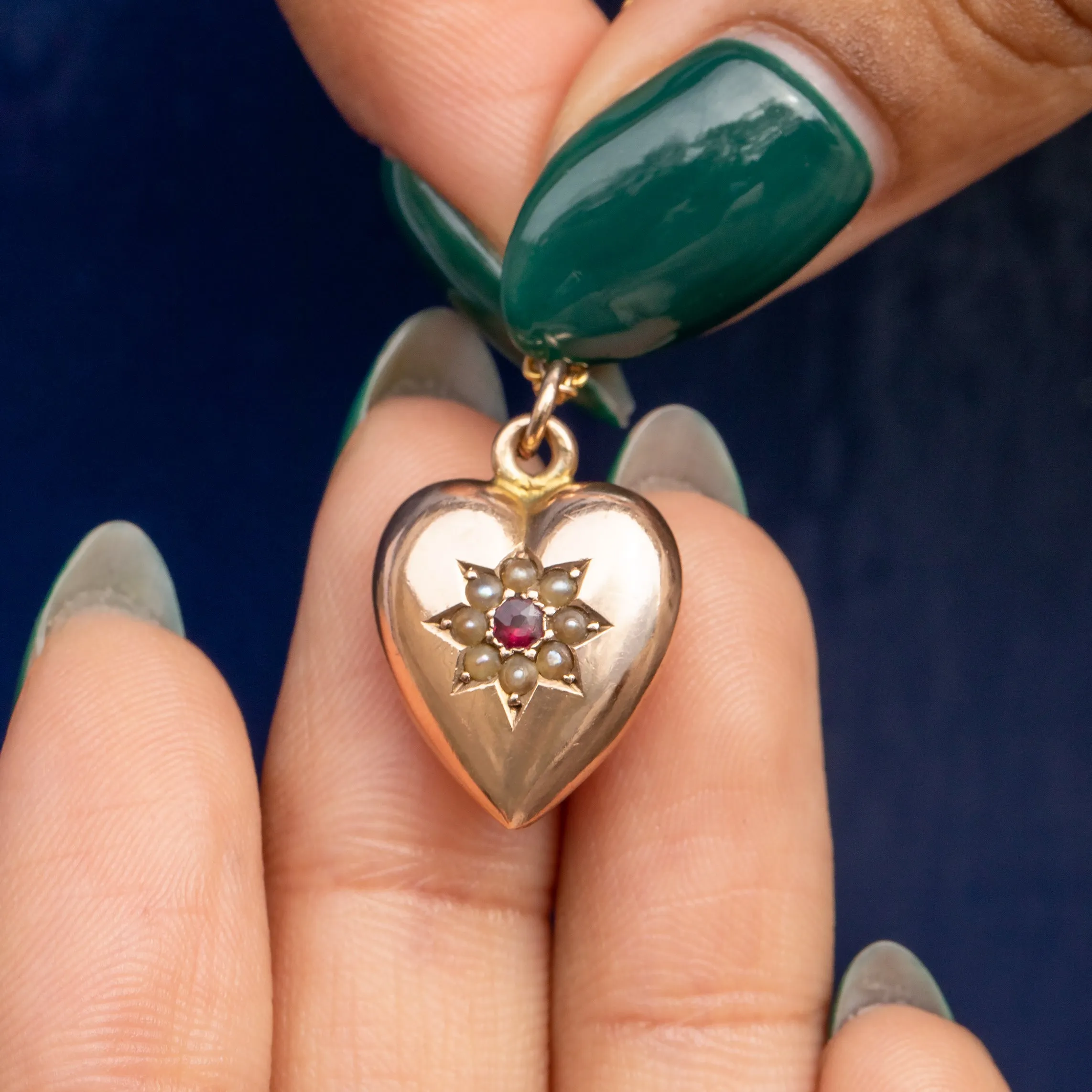 Antique 9ct Gold Ruby Pearl Puffy Heart Pendant