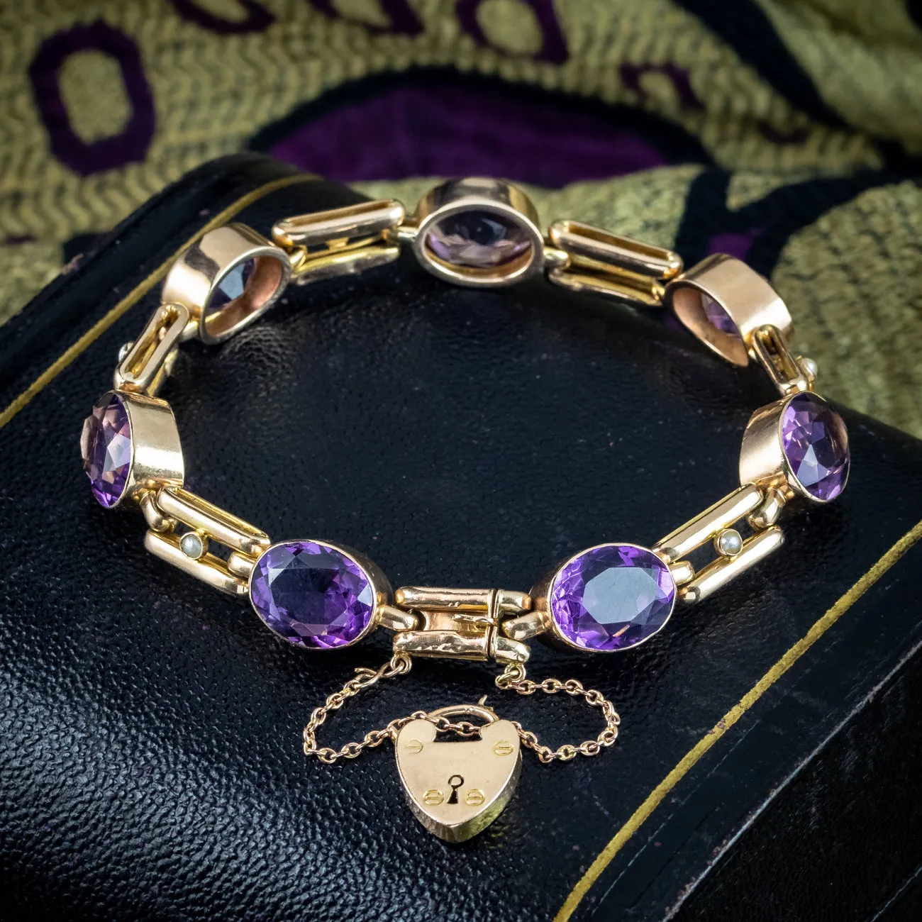 Antique Art Deco Amethyst Pearl Bracelet 9ct Gold With Heart Padlock