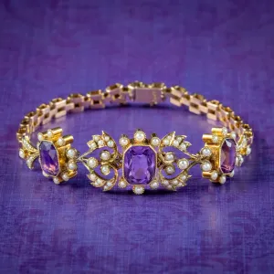 Antique Edwardian Amethyst Pearl Bracelet 15ct Gold