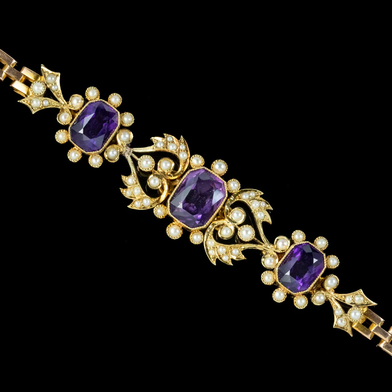 Antique Edwardian Amethyst Pearl Bracelet 15ct Gold