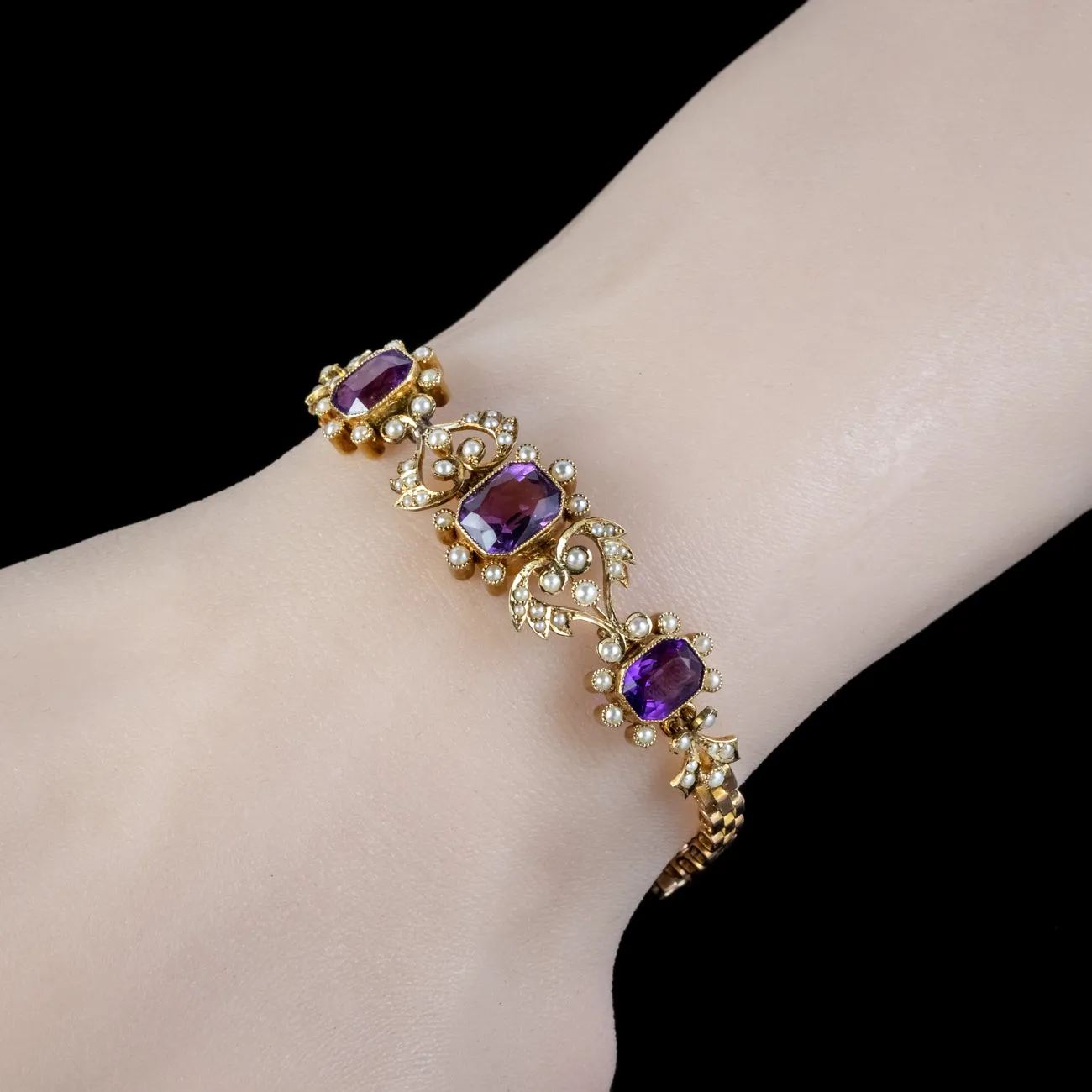 Antique Edwardian Amethyst Pearl Bracelet 15ct Gold