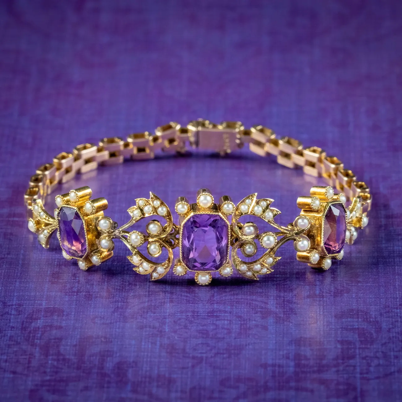 Antique Edwardian Amethyst Pearl Bracelet 15ct Gold