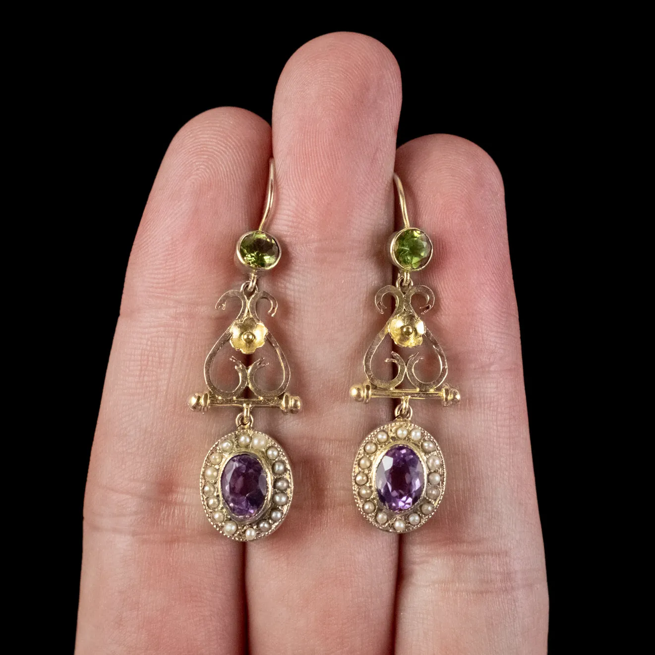 Antique Edwardian Floral Suffragette Drop Earrings 18Ct Gold Circa 1910