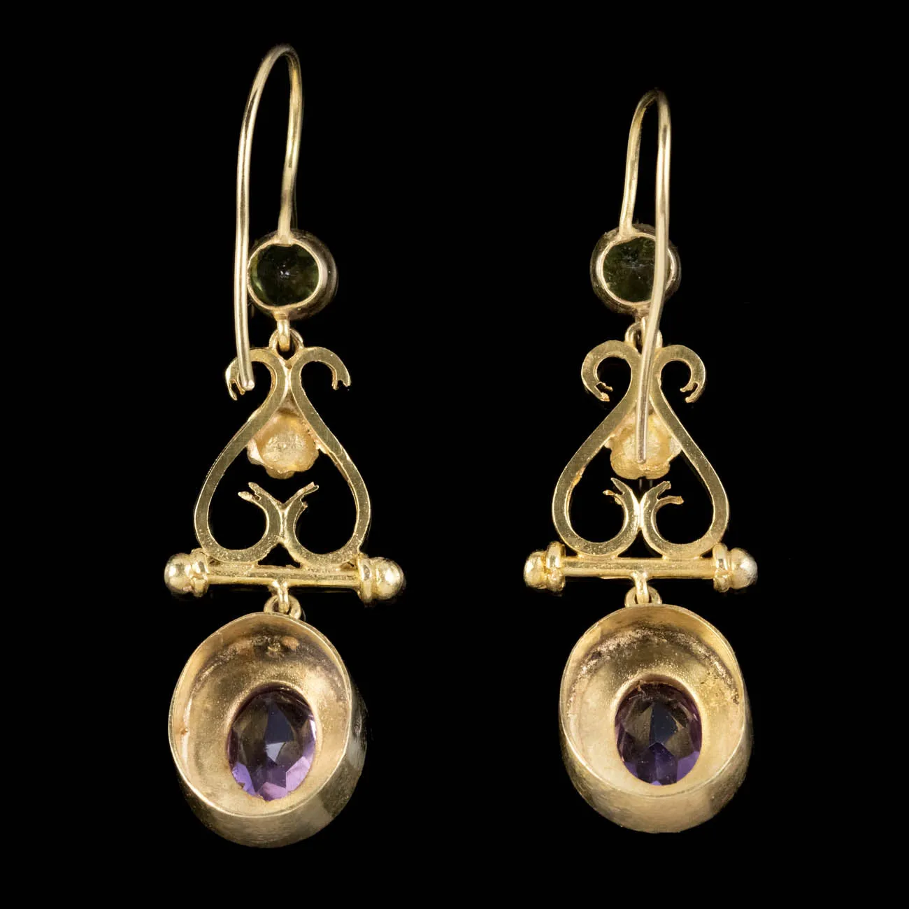 Antique Edwardian Floral Suffragette Drop Earrings 18Ct Gold Circa 1910