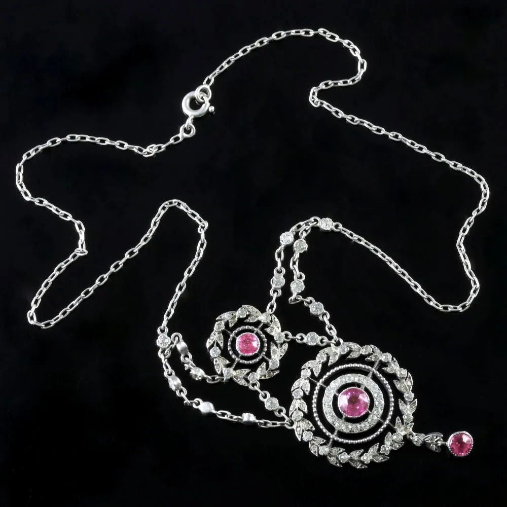 Antique Edwardian Pink Topaz Silver Necklace Circa 1910