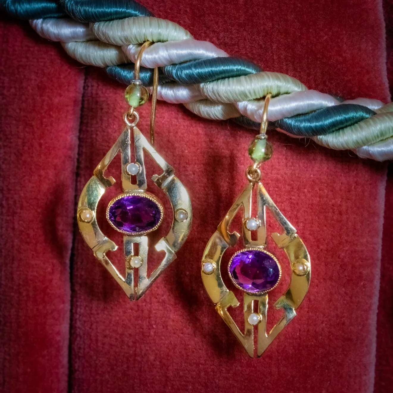 Art Deco Suffragette Amethyst Drop Earrings 9Ct Gold Circa 1920