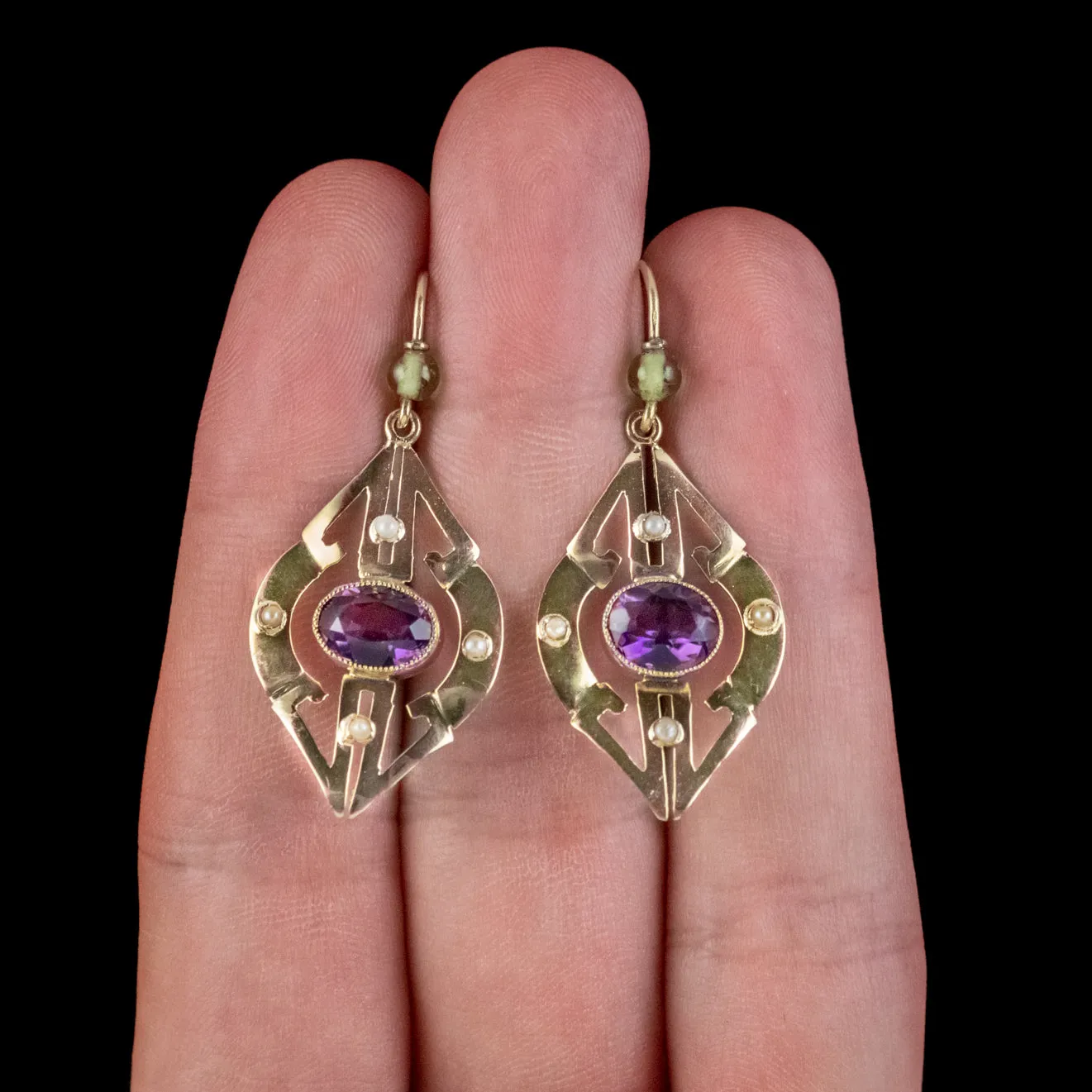 Art Deco Suffragette Amethyst Drop Earrings 9Ct Gold Circa 1920