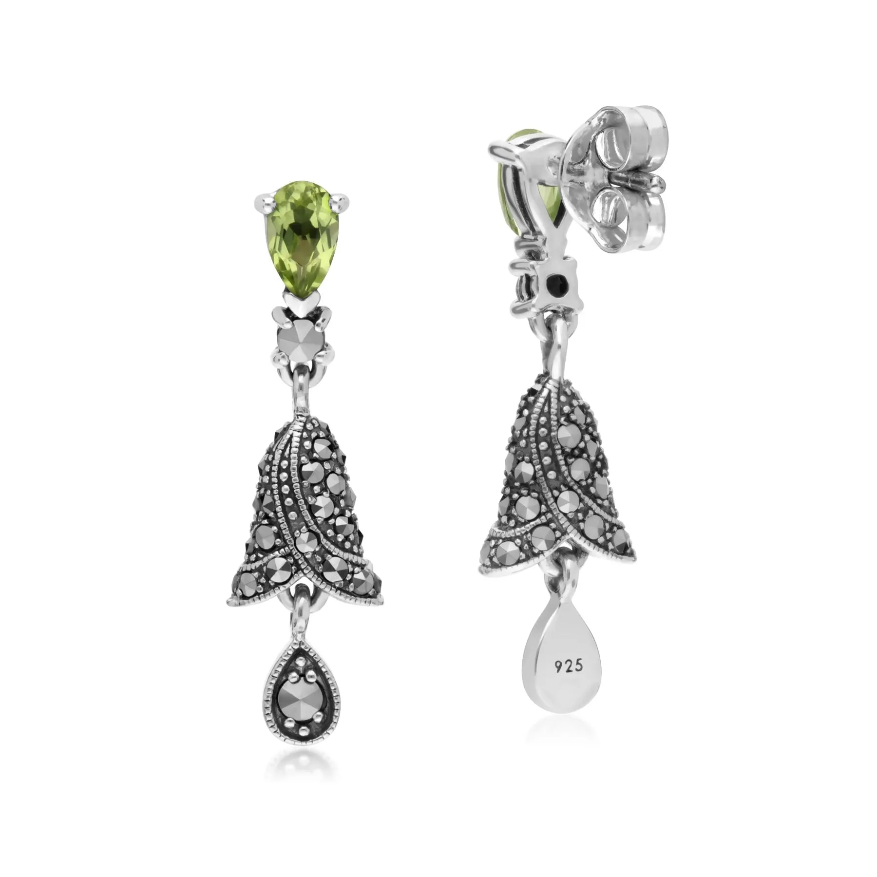 Art Nouveau Stil Birnenförmige Peridot und Markasit Glöckchen Tropfen Ohrringe in Sterling Silber