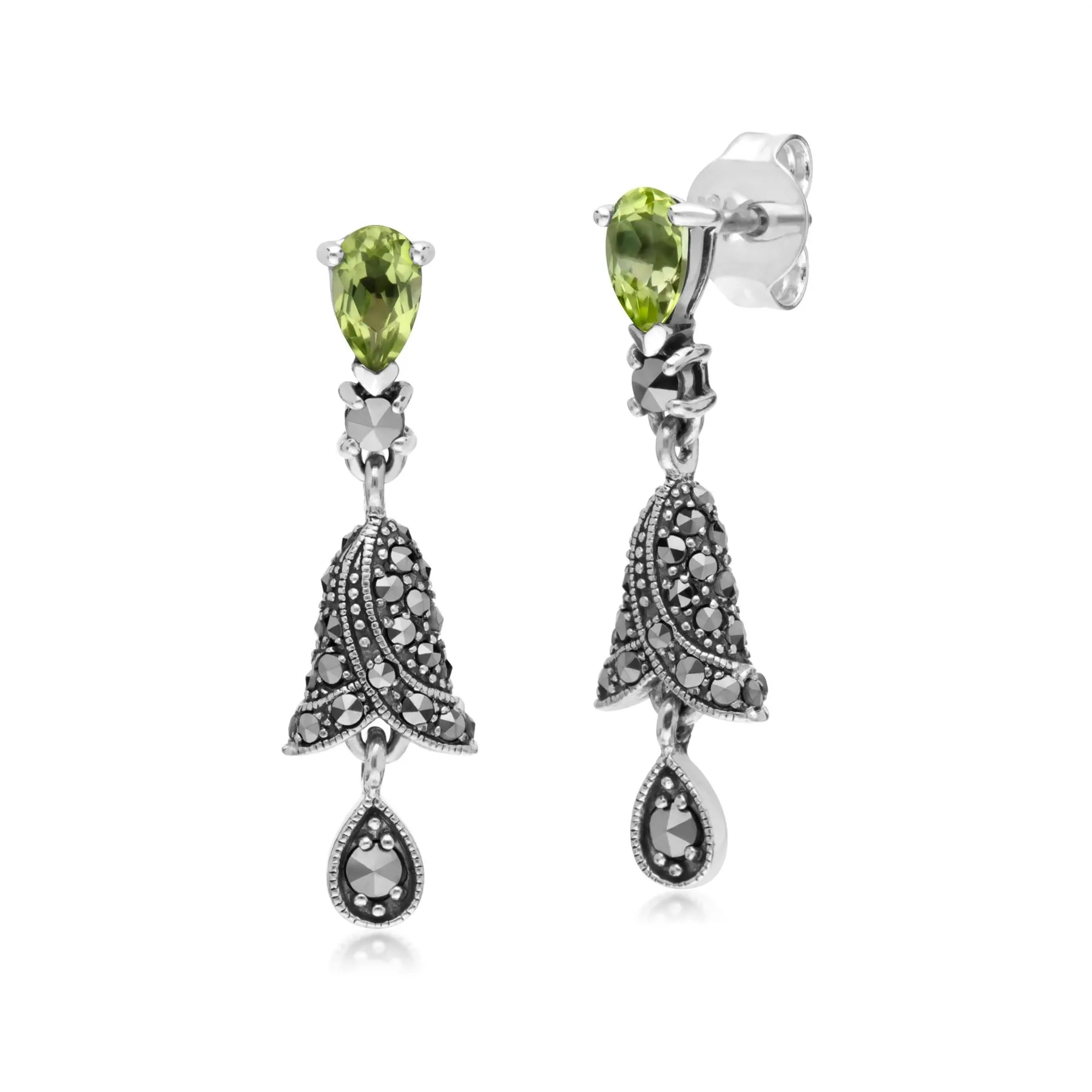 Art Nouveau Stil Birnenförmige Peridot und Markasit Glöckchen Tropfen Ohrringe in Sterling Silber