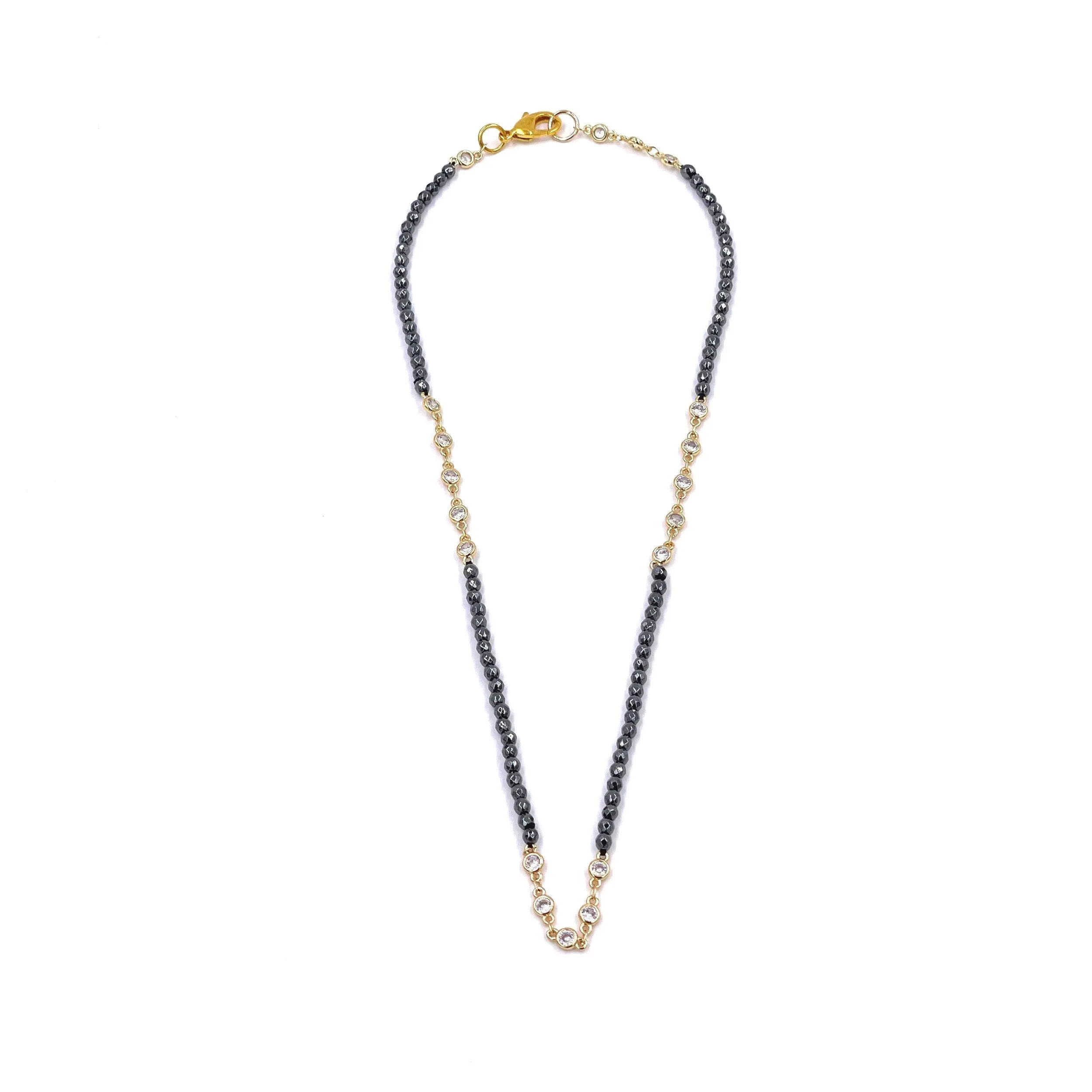 Ashley Gold Stainless Steel Gold Plated CZ Bezel Set And Hematite Beaded Necklace