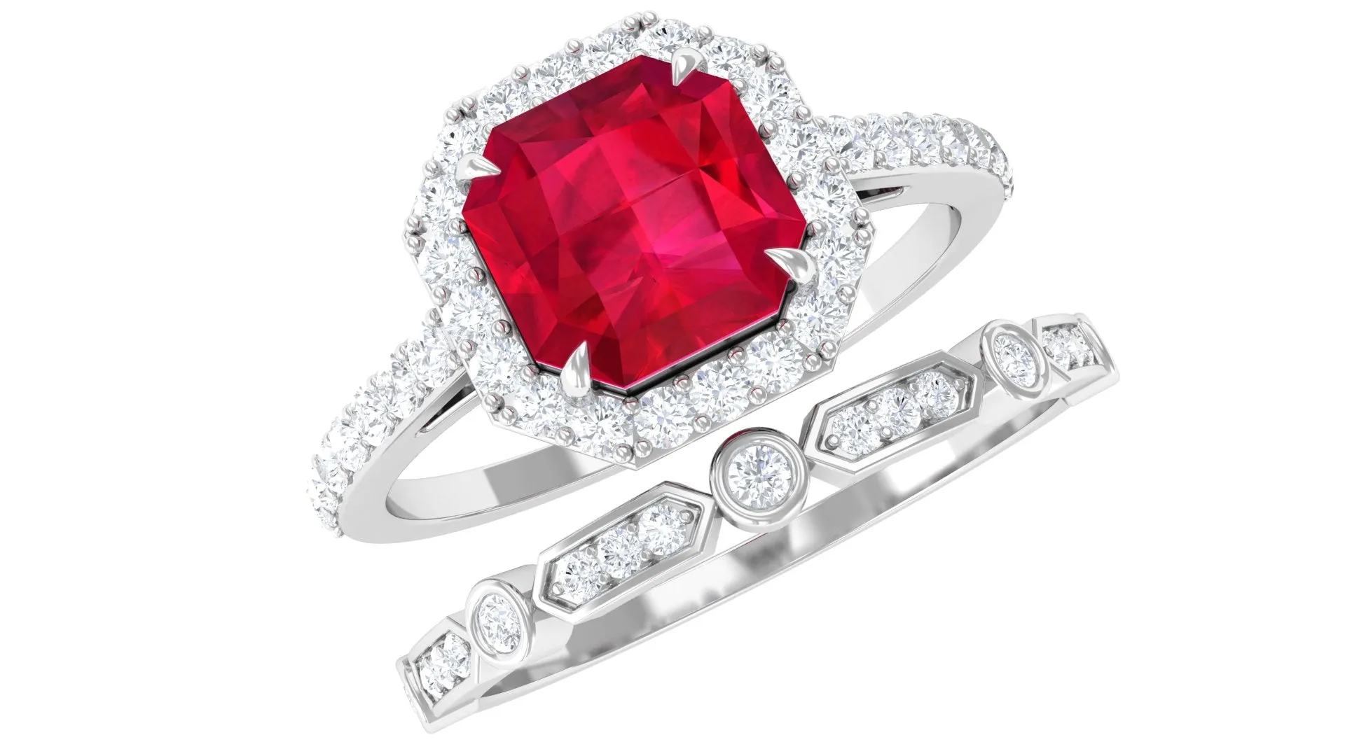 Asscher Created Ruby Stackable Ring Set