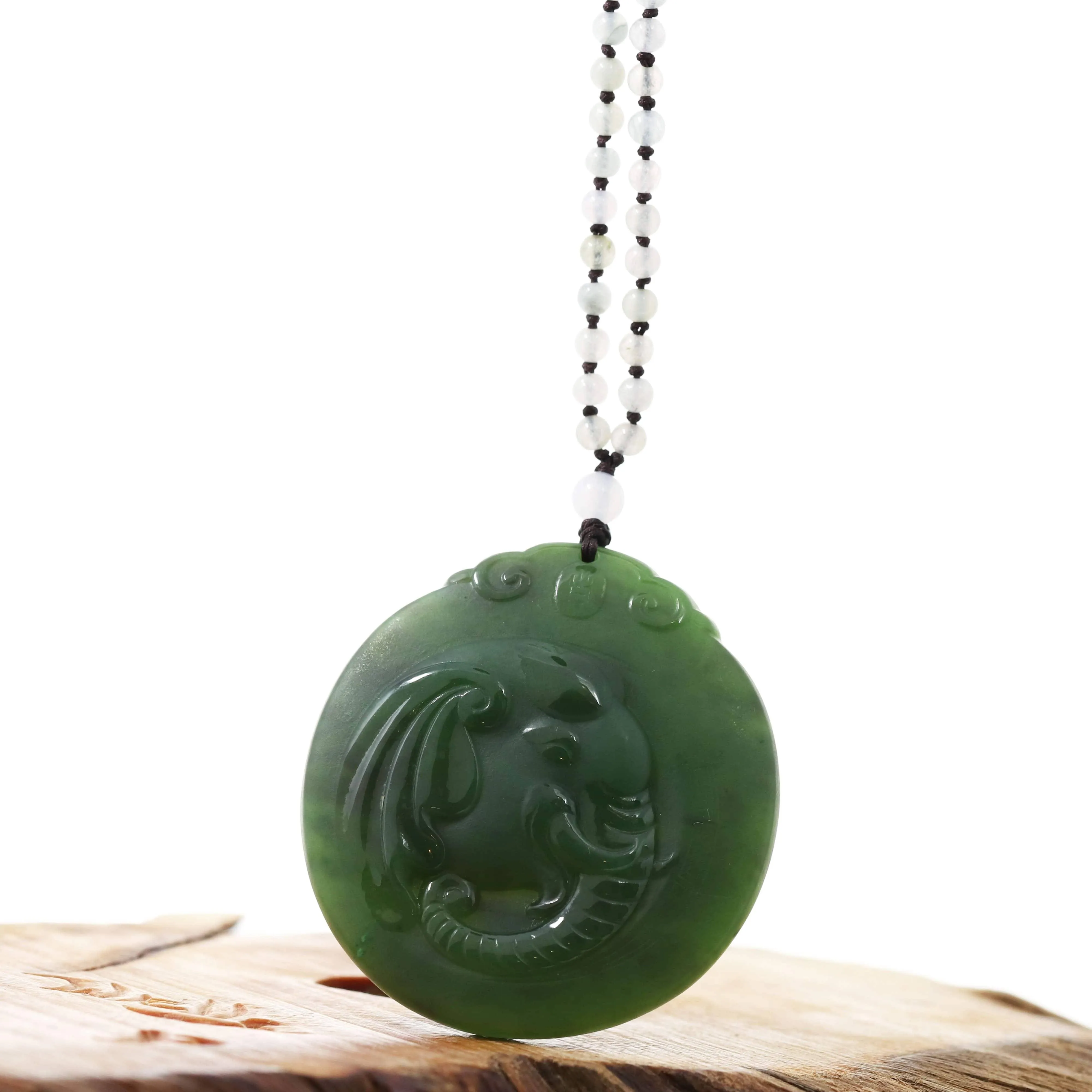 Baikalla™ "Lucky Jade Elephant" Nephrite Jade Necklace With Natural Jadeite Beads Necklace