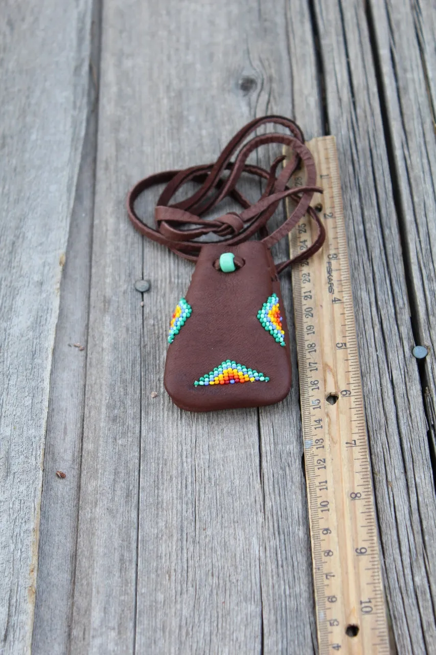 Beaded brown amulet bag, beaded medicine bag