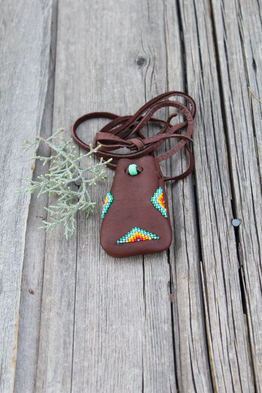 Beaded brown amulet bag, beaded medicine bag