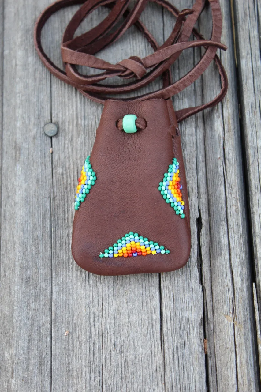 Beaded brown amulet bag, beaded medicine bag