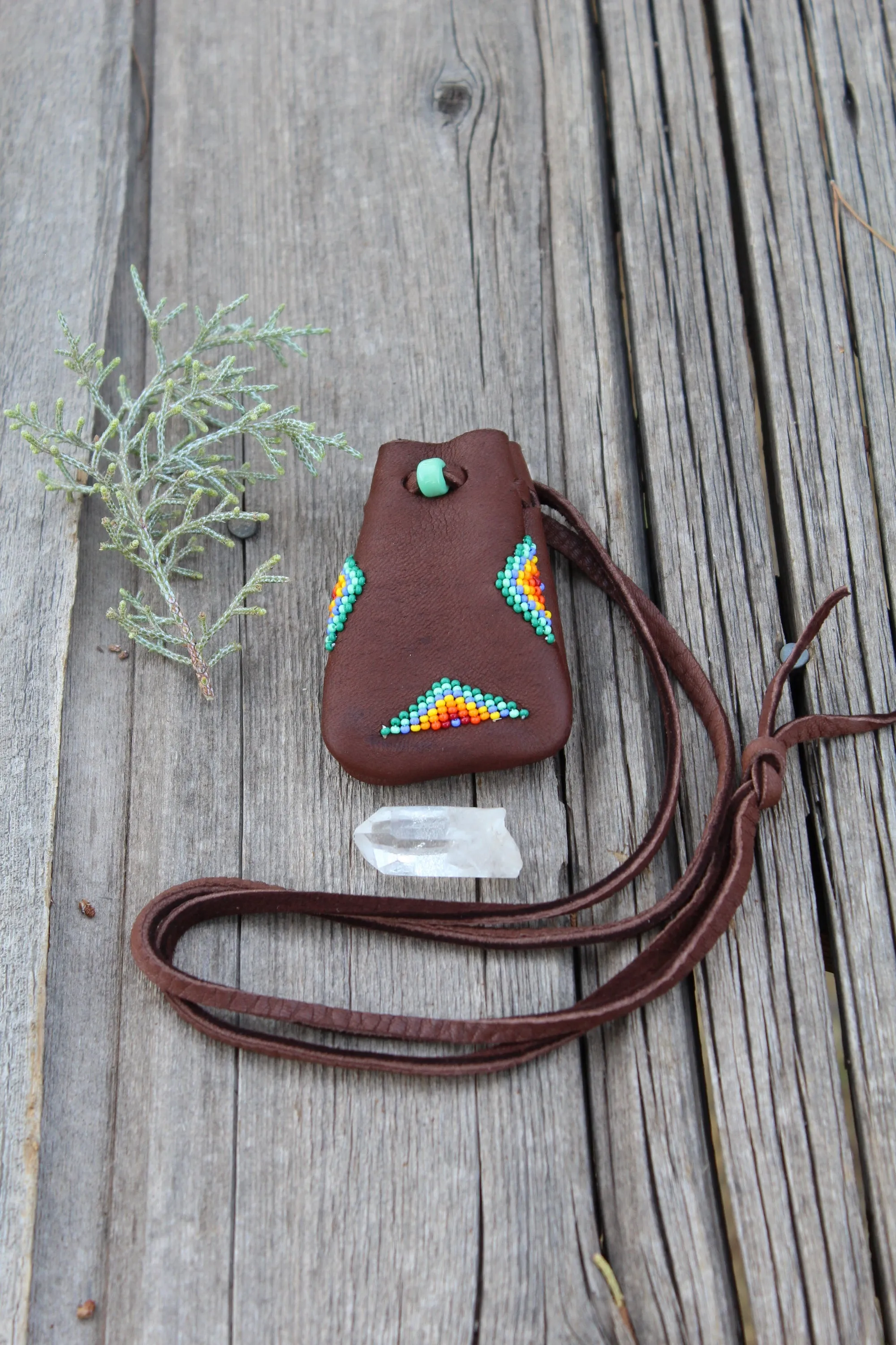 Beaded brown amulet bag, beaded medicine bag