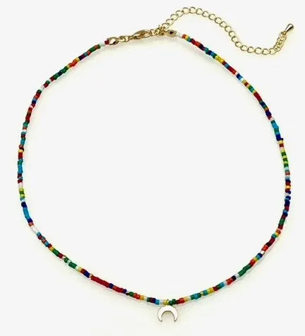 Beaded Necklace with Crescent Moon Pendant - Multi colors