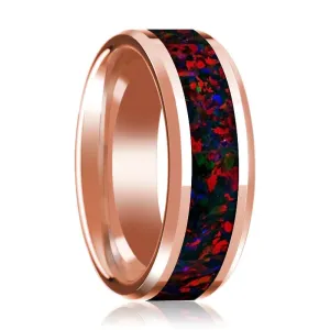 Black & Red Opal Inlaid 14k Rose Gold Polished Wedding Band for Men with Beveled Edges - 8MM