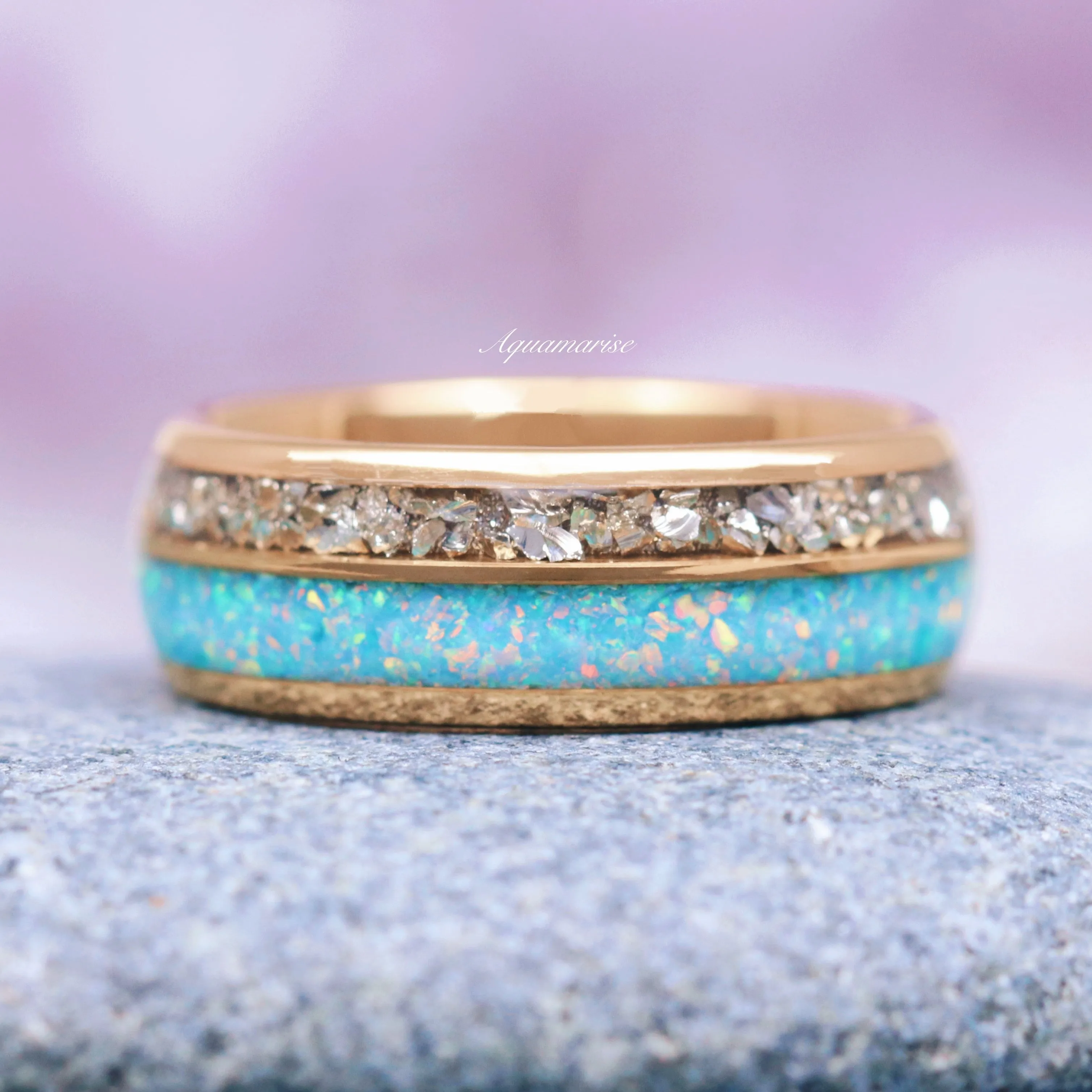 Blue Fire Opal & Crushed Diamond (cz) Wedding Band- 8MM Gold Tungsten