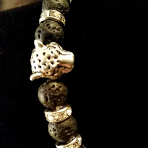 Bracelet Leopard Black Lava Stone Silver Swarovski Crystal