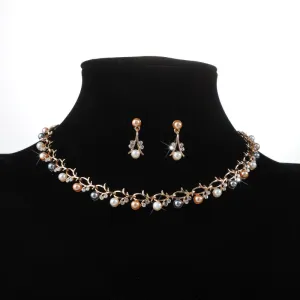 Bridal Evening Dress Dinner Pearl Accessories Alloy Rhinestone Necklace Earrings Bracelet Three-piece Set Simple Forest Style Jewelry